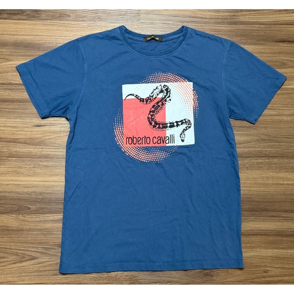 Roberto Cavalli Mens Single Snake Graphic Cotton T-Shirt Blue Size M